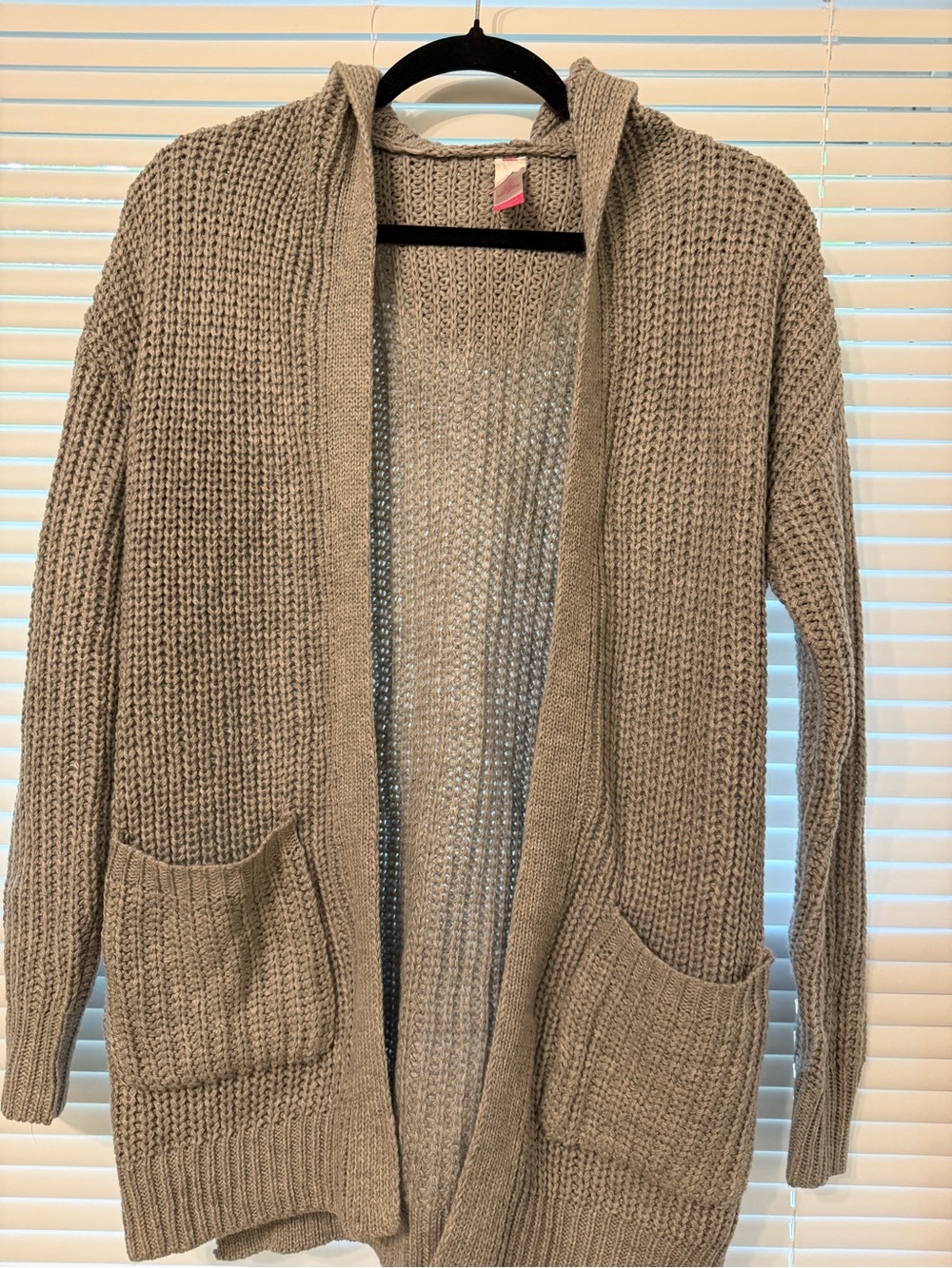 No Boundaries Taupe Open-Front Hooded Knit Cardigan